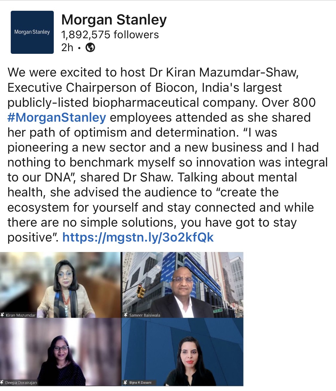 In dialogue on Mental Health with Kiran Mazumdar Shaw of Biocon for Morgan Stanley